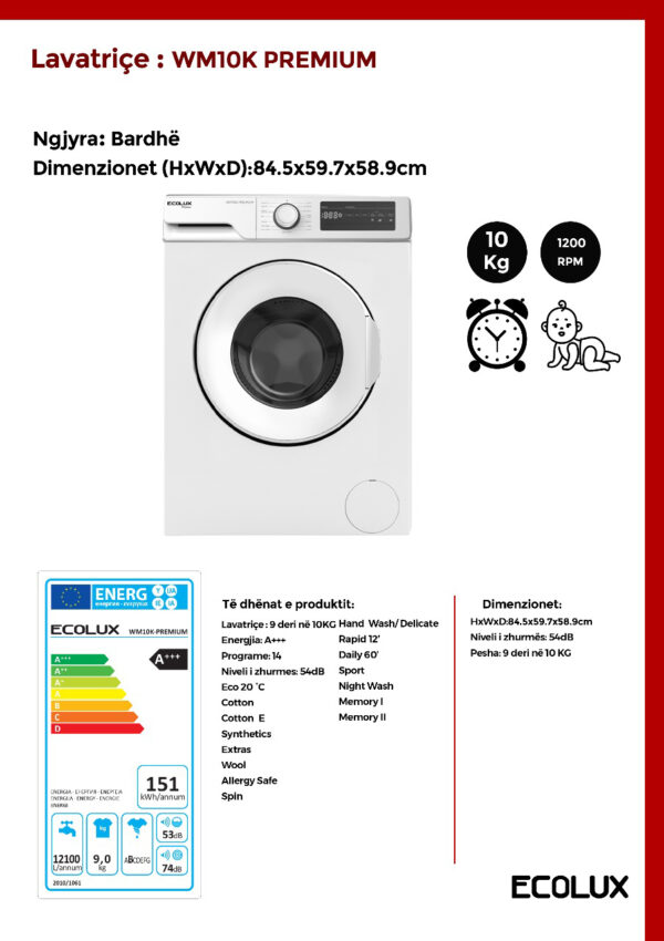 Lavatriçe 10KG Ecolux - WM10K PREMIUM - Image 2