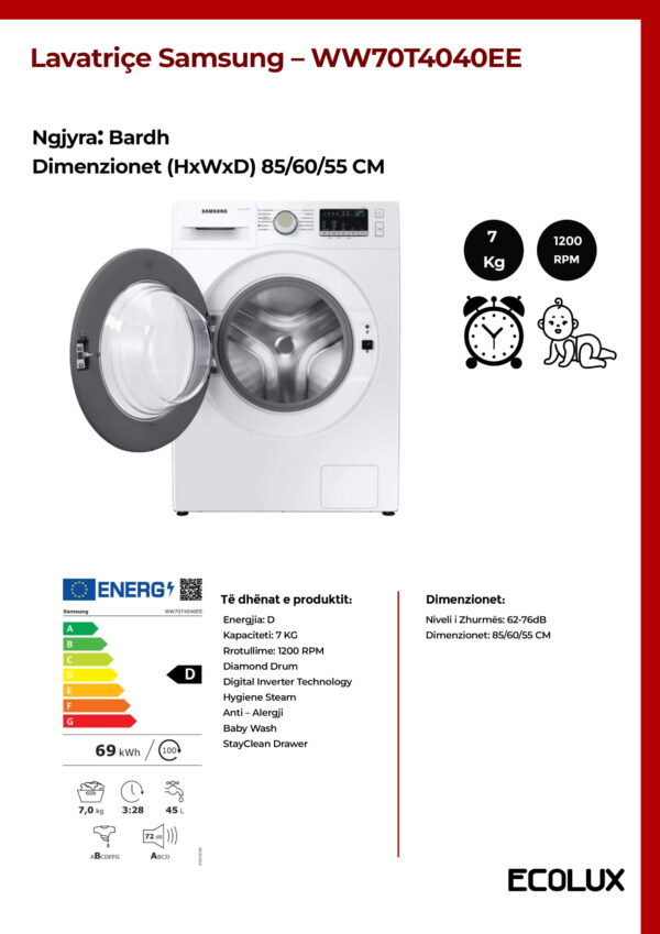 Lavatriçe Samsung A+++ 7KG – WW70T4040EE - Image 2