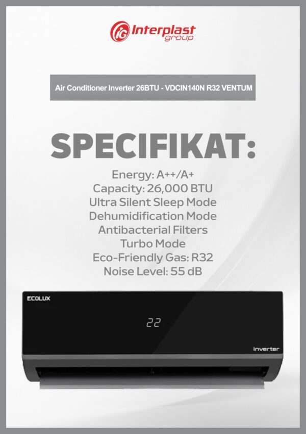 Klimë Inverter Ecolux Ventum 26BTU – VDCIN260N R32 - Image 2