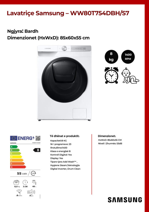 Lavatriçe Samsung 8KG  - WW80T754DBH/S7 - Image 2