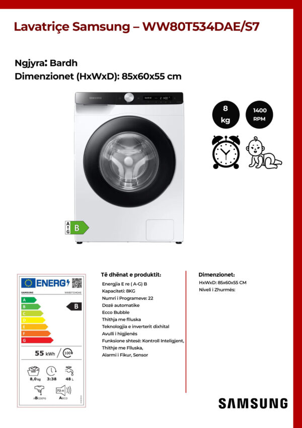 Lavatriçe Samsung 8KG A+++ – WW80T534DAE/S7 - Image 2
