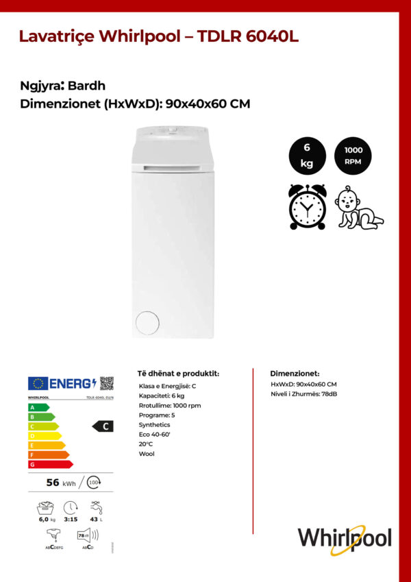 Lavatriçe Whirlpool 6kg - TDLR 6040L - Image 2