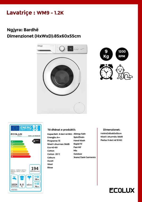 Lavatriçe Ecolux Premium 9KG – WM9 1.2K - Image 2