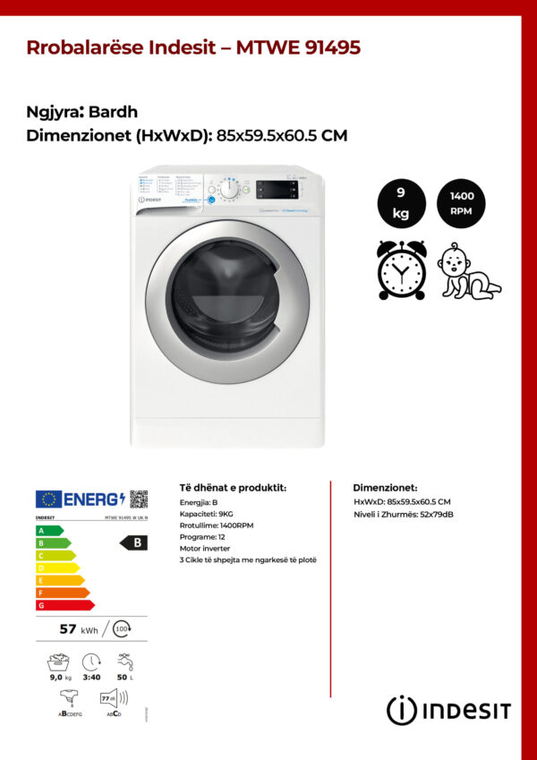 Rrobalarëse Indesit 9KG - MTWE 91495 - Image 2