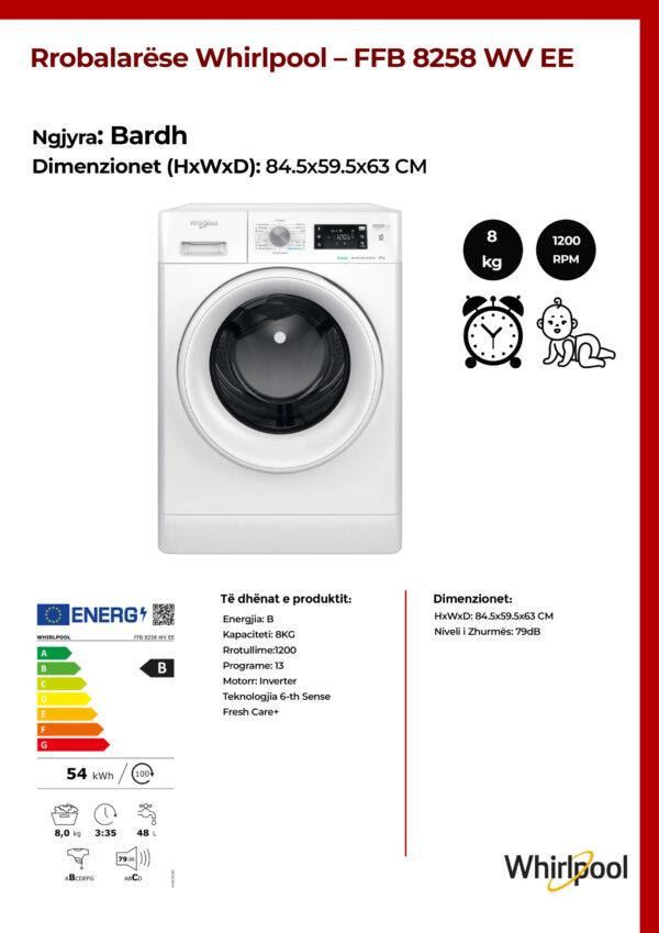 Rrobalarëse Whirlpool 8KG - FFB 8258 WV EE - Image 2