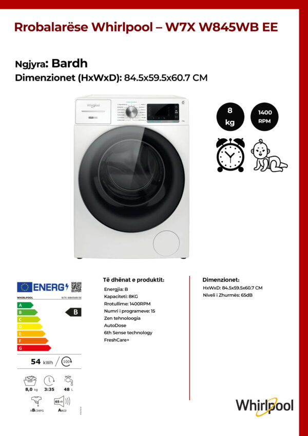 Rrobalarëse Whirlpool 8KG – W7X W845WB EE - Image 2