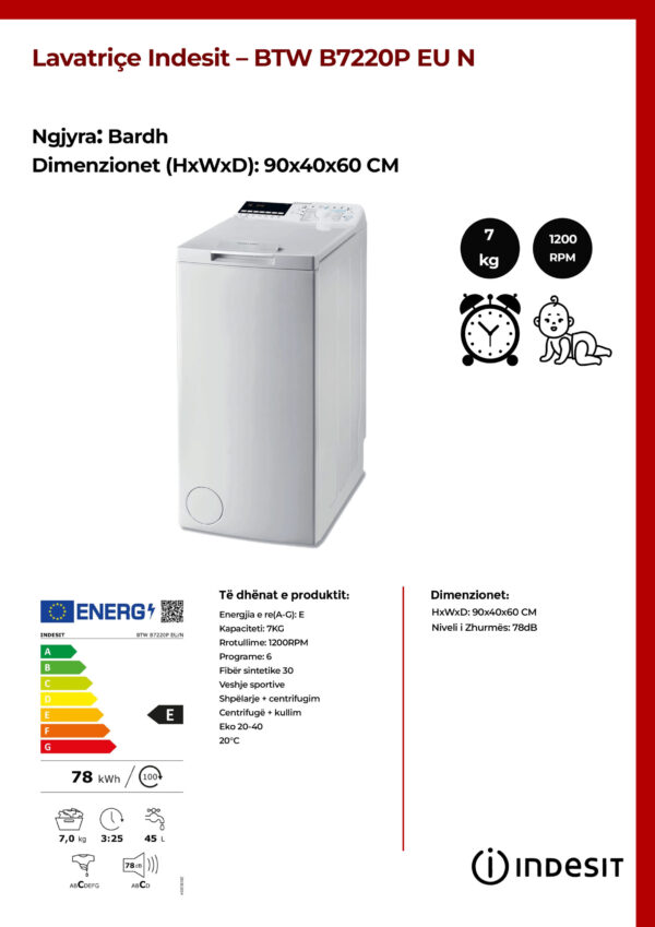Lavatriçe Indesit 7KG - BTW B7220P EU N - Image 2