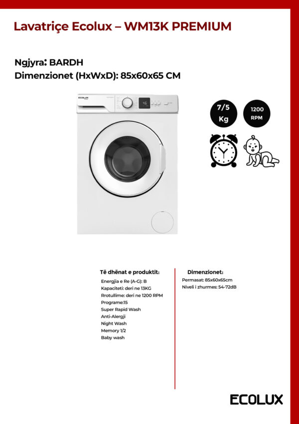Lavatriçe 13KG Ecolux – WM13K PREMIUM - Image 2