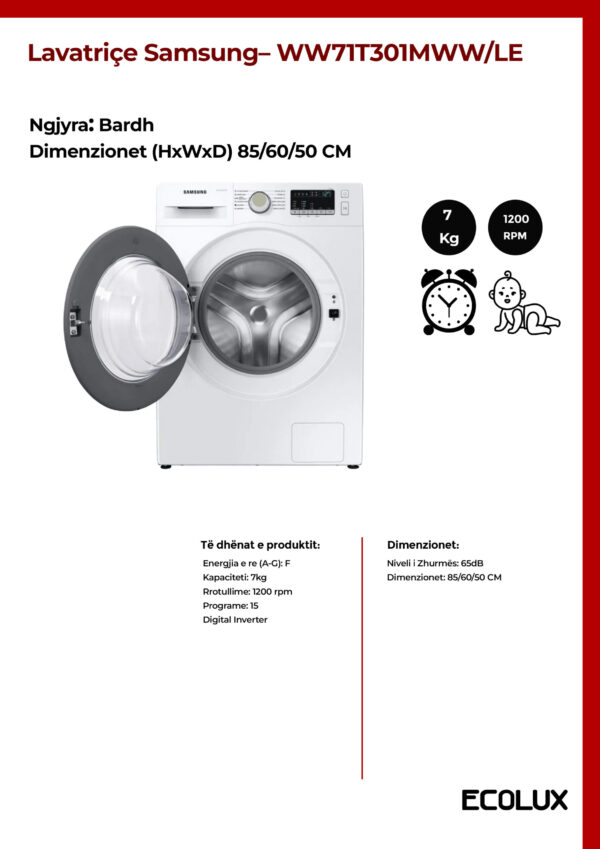 Lavatriçe Samsung 7KG - WW71T301MWW/LE - Image 2
