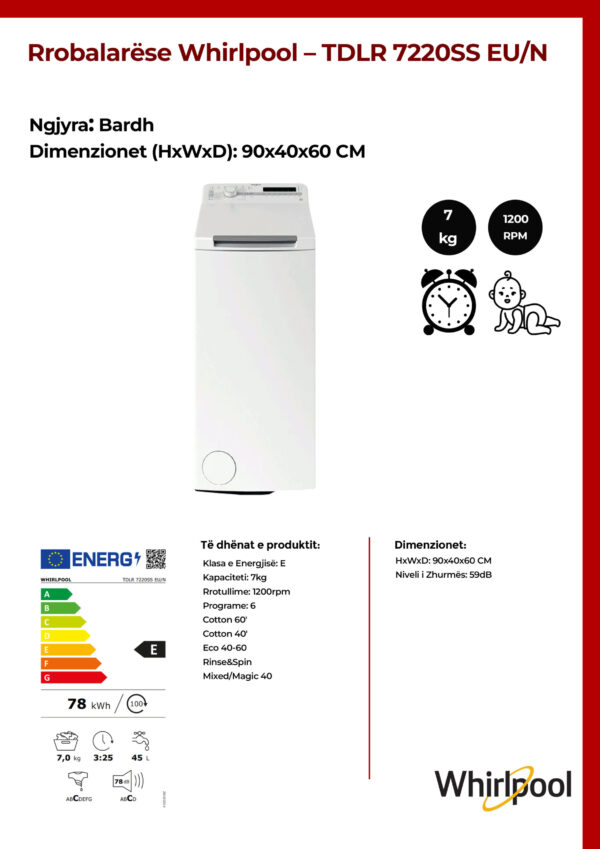 Rrobalarëse Whirlpool 7KG - TDLR 7220SS EU/N - Image 2